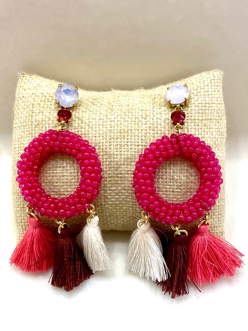 J. Crew Fuchsia Beaded Hoop Earrings with Multicolor Tassels